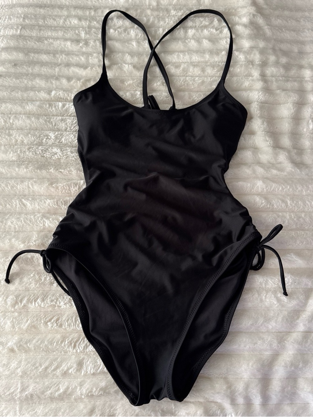 Black Cutout One-Piece Swimsuit | Ruched Side Tie Monokini | Size M